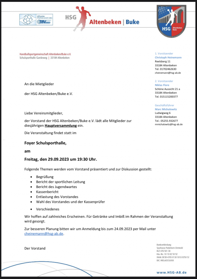 Jahreshauptversammlung am 29.09.2023